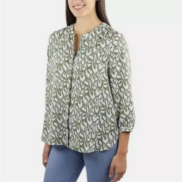 JACHS Girlfriend Tops - JACHS Girlfriend Olive Green White Abstract Button Down Top Blouse Shirt Medium